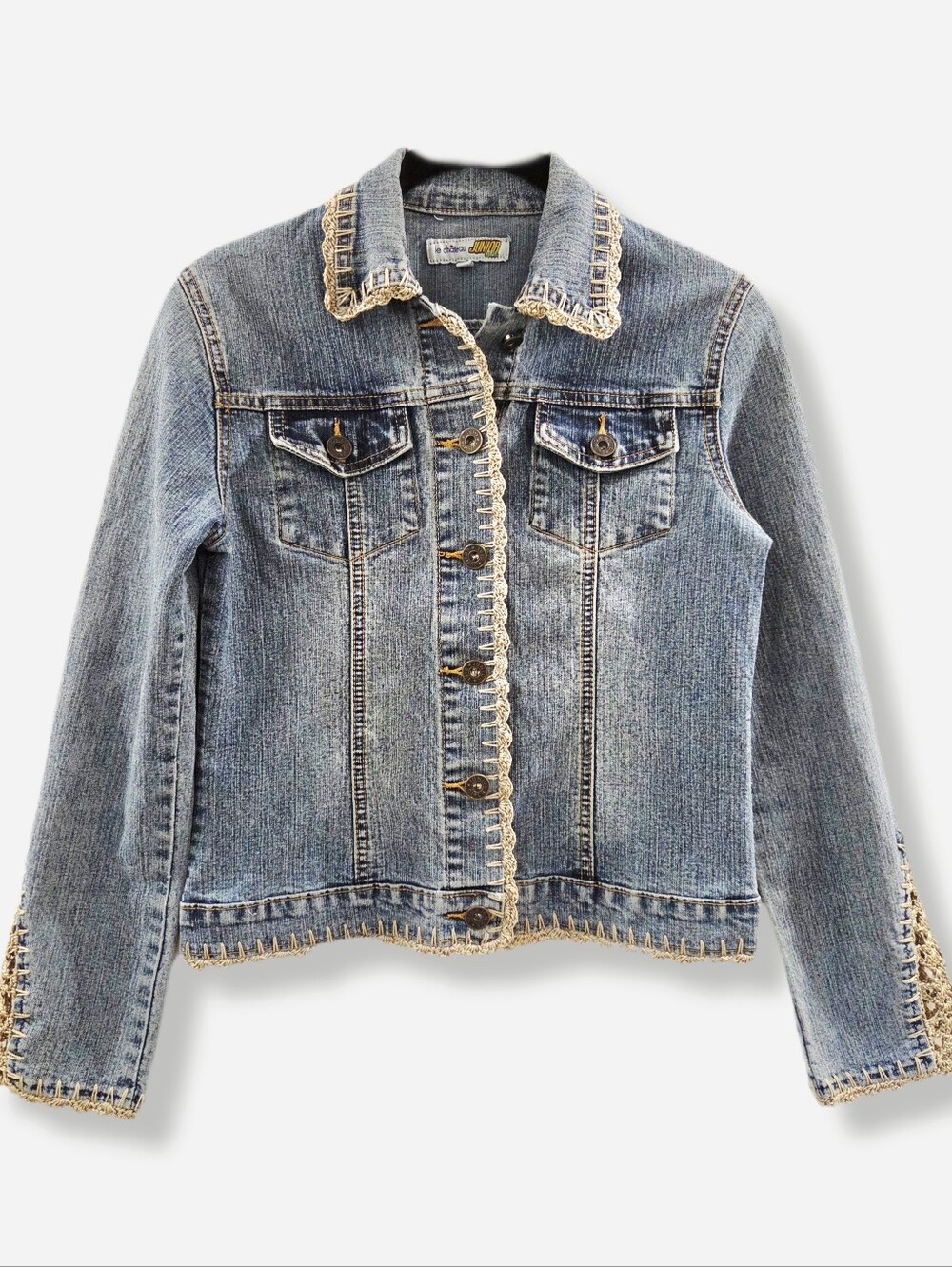 Vintage Le Château Junior denim jacket, Y2K coquette, crochet trim | fits XS